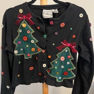 Vintage Black Cardigan with Christmas Tree Design